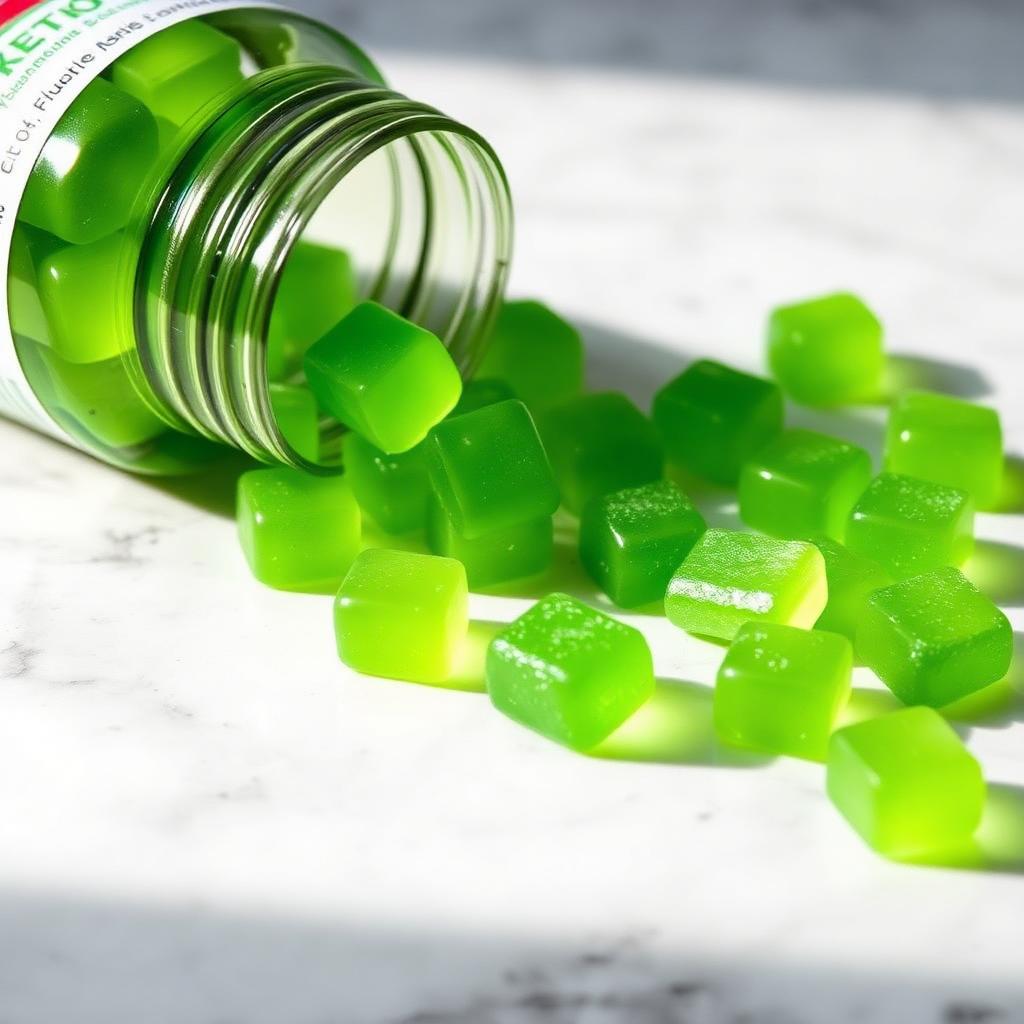 KetoNex green apple keto gummies spilling from bottle